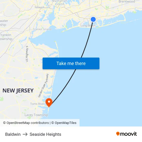 Baldwin to Seaside Heights map