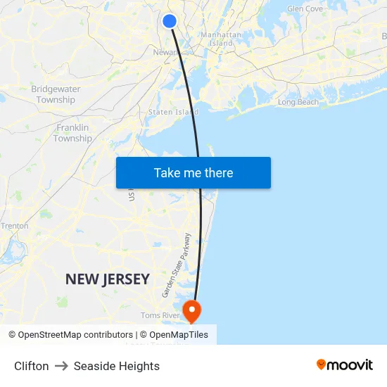 Clifton to Seaside Heights map