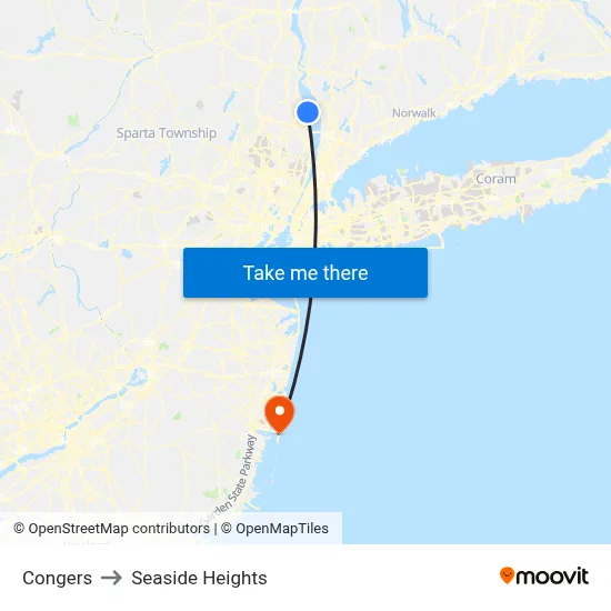 Congers to Seaside Heights map