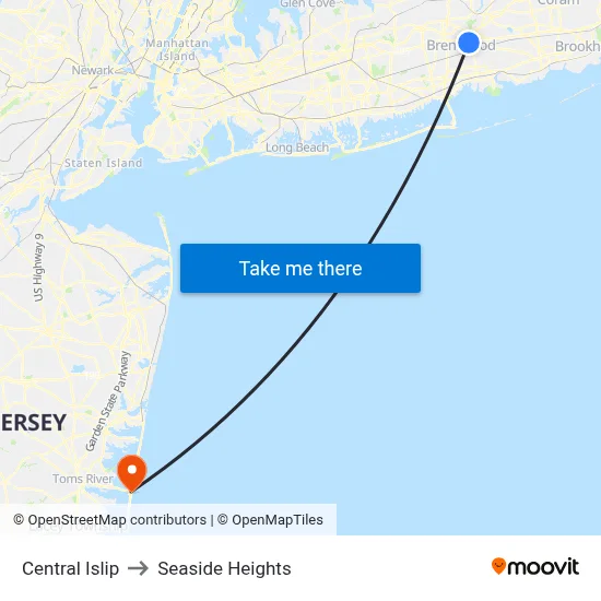 Central Islip to Seaside Heights map