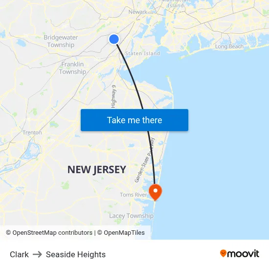 Clark to Seaside Heights map
