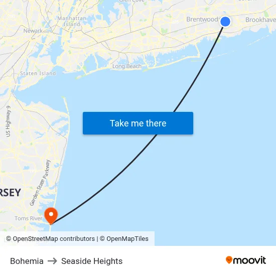 Bohemia to Seaside Heights map