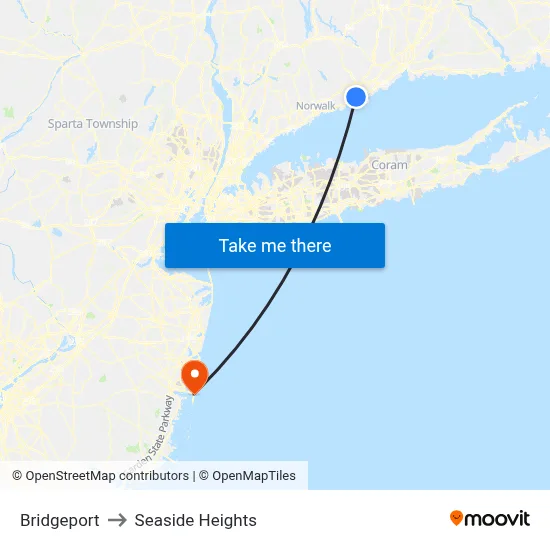 Bridgeport to Seaside Heights map