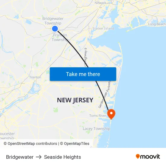 Bridgewater to Seaside Heights map