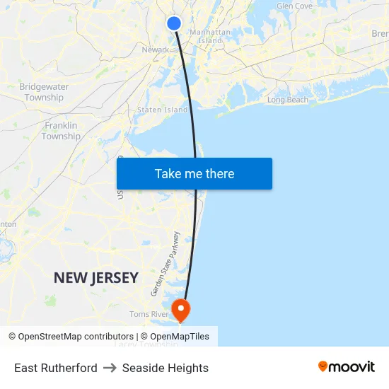 East Rutherford to Seaside Heights map