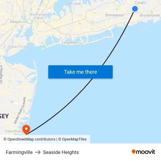 Farmingville to Seaside Heights map