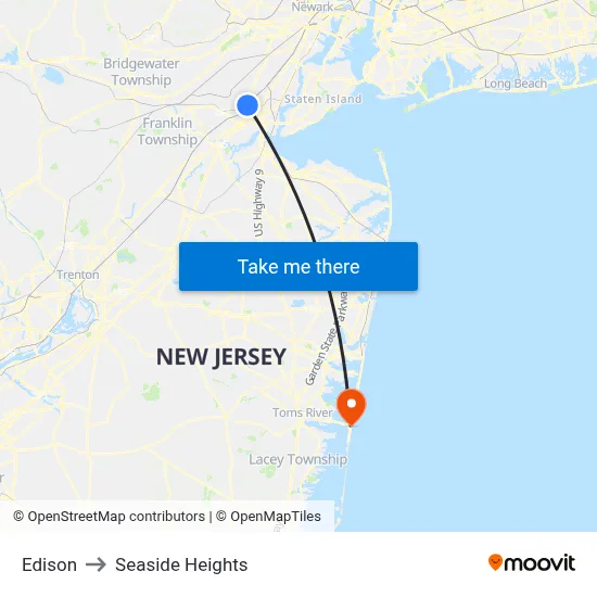 Edison to Seaside Heights map