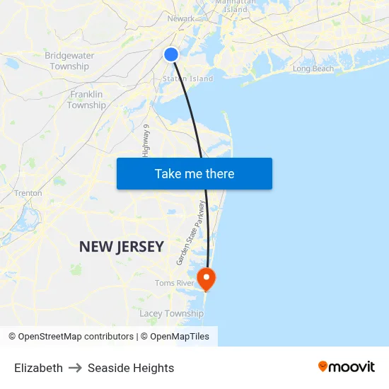 Elizabeth to Seaside Heights map