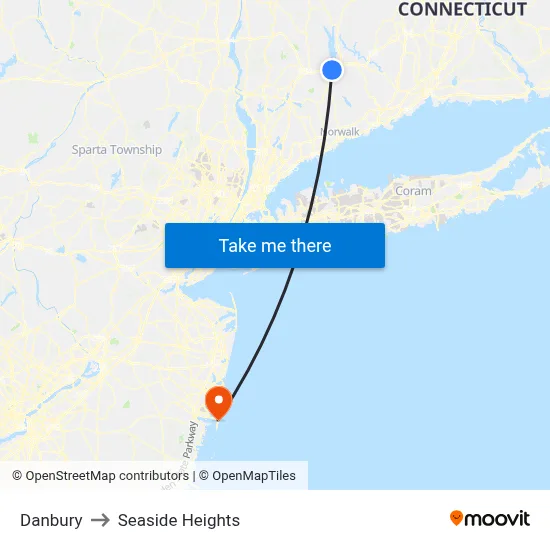 Danbury to Seaside Heights map