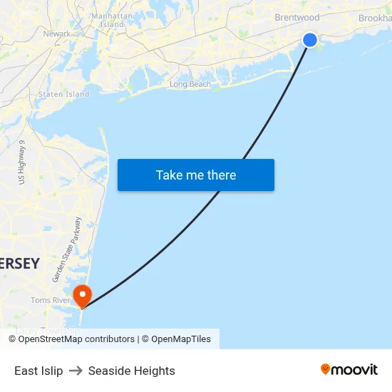 East Islip to Seaside Heights map