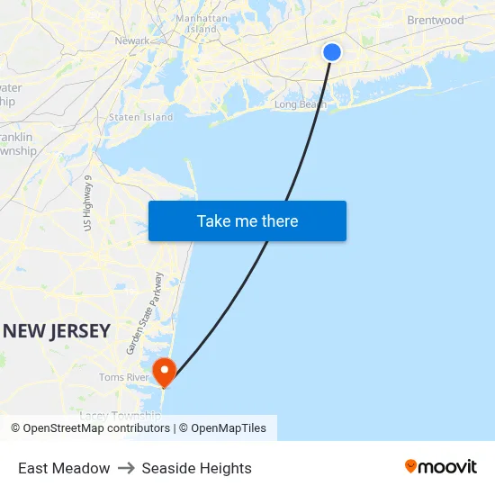 East Meadow to Seaside Heights map