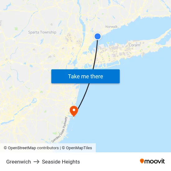 Greenwich to Seaside Heights map
