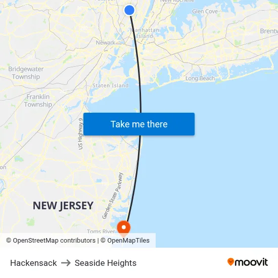 Hackensack to Seaside Heights map