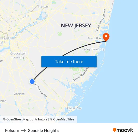 Folsom to Seaside Heights map