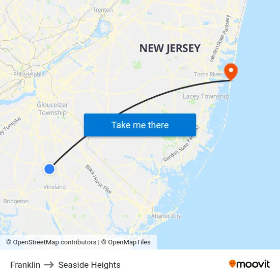 Franklin to Seaside Heights map