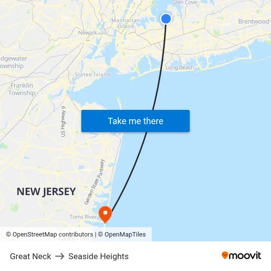 Great Neck to Seaside Heights map