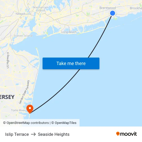 Islip Terrace to Seaside Heights map