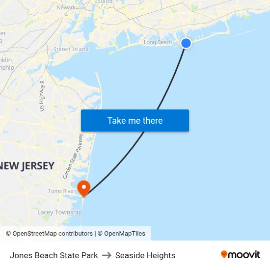 Jones Beach State Park to Seaside Heights map