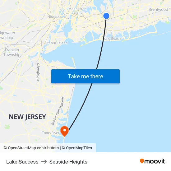 Lake Success to Seaside Heights map