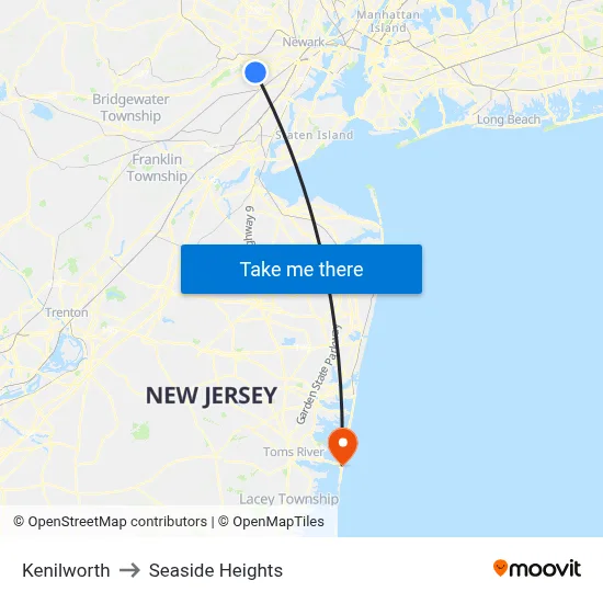 Kenilworth to Seaside Heights map