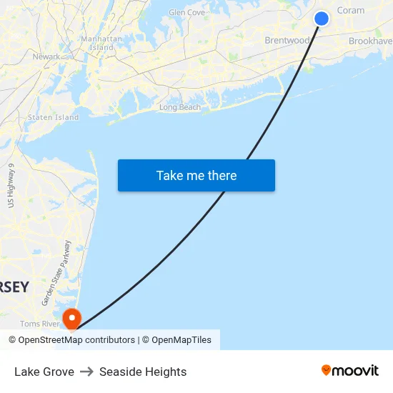 Lake Grove to Seaside Heights map