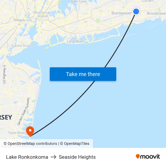Lake Ronkonkoma to Seaside Heights map