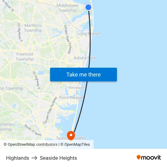 Highlands to Seaside Heights map