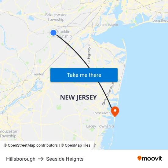 Hillsborough to Seaside Heights map