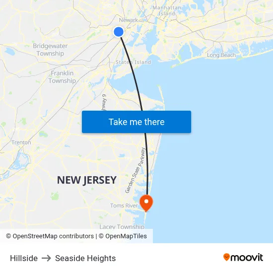 Hillside to Seaside Heights map