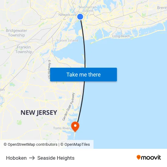 Hoboken to Seaside Heights map