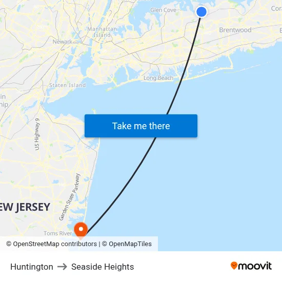 Huntington to Seaside Heights map