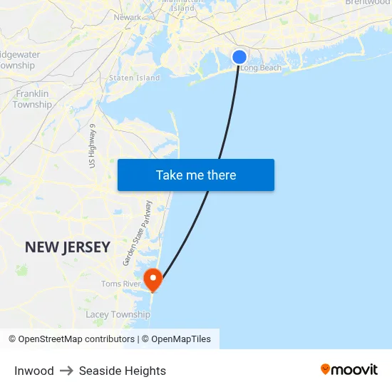 Inwood to Seaside Heights map