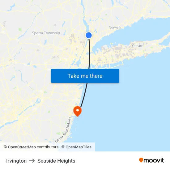 Irvington to Seaside Heights map