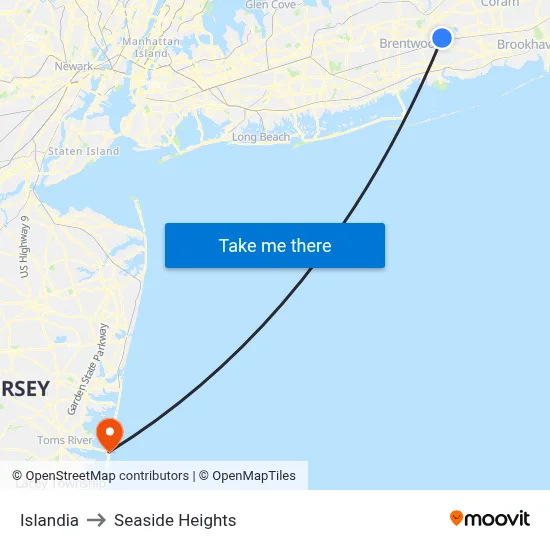 Islandia to Seaside Heights map