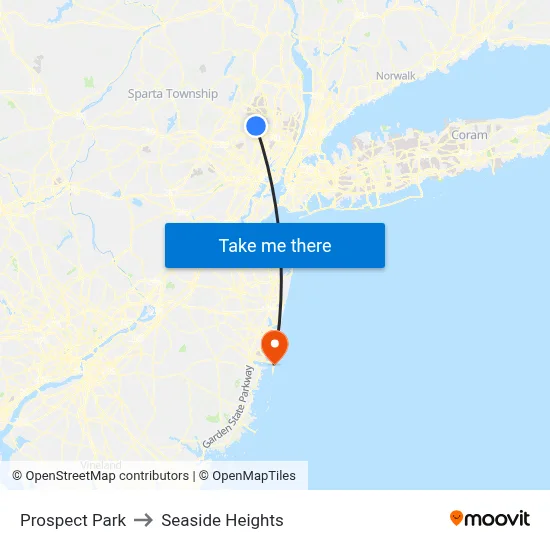 Prospect Park to Seaside Heights map