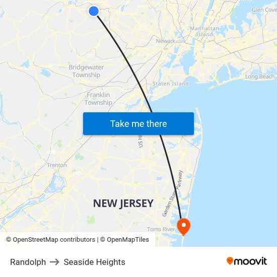 Randolph to Seaside Heights map