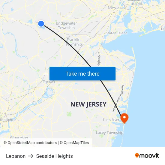 Lebanon to Seaside Heights map