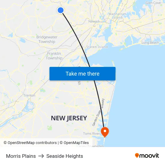 Morris Plains to Seaside Heights map