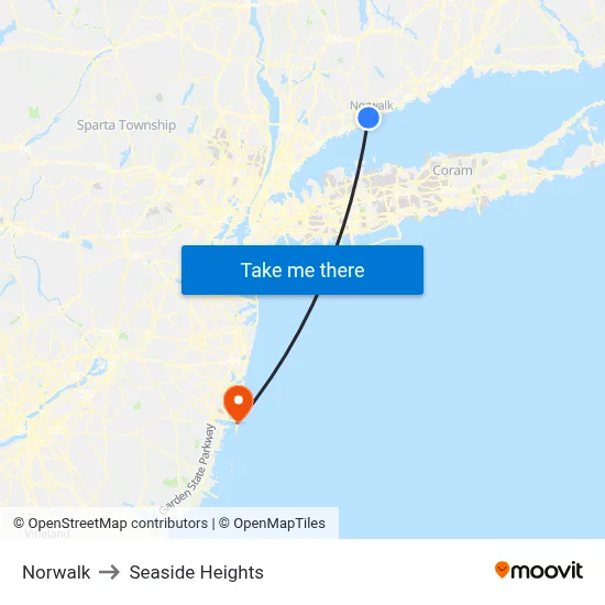 Norwalk to Seaside Heights map