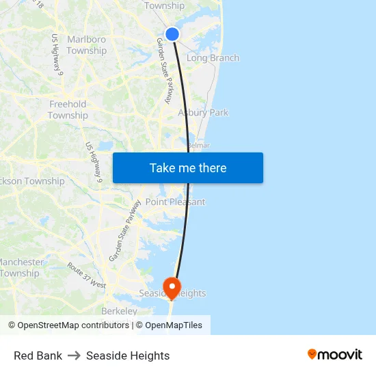 Red Bank to Seaside Heights map
