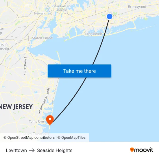 Levittown to Seaside Heights map