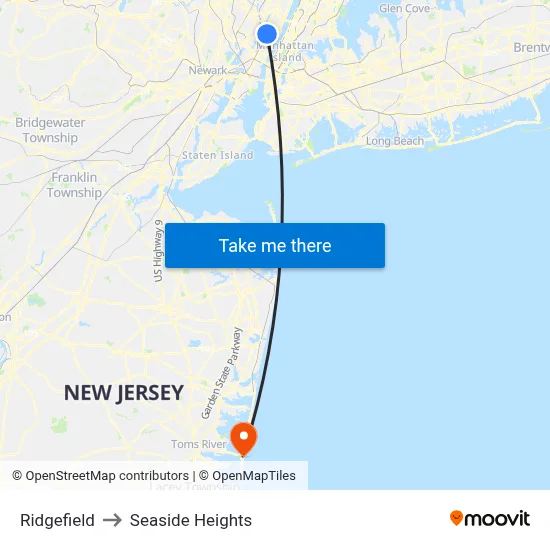 Ridgefield to Seaside Heights map