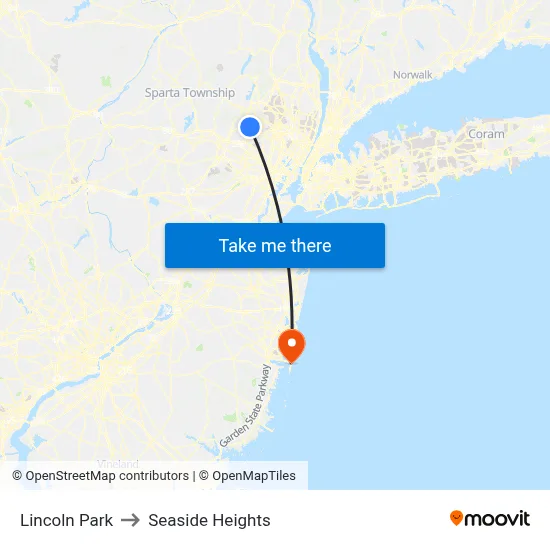 Lincoln Park to Seaside Heights map