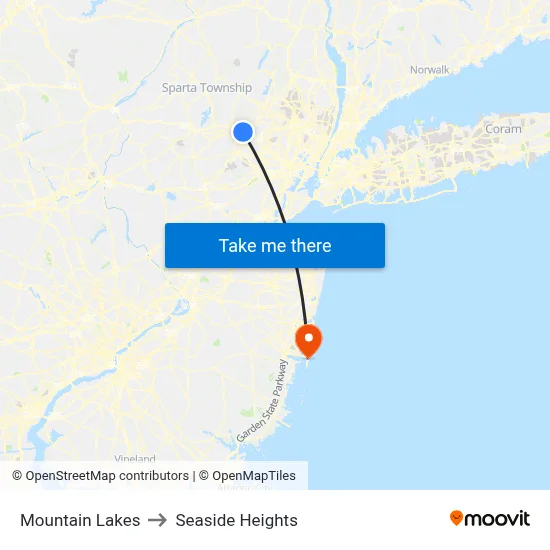 Mountain Lakes to Seaside Heights map