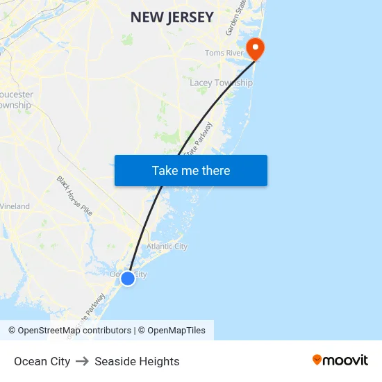 Ocean City to Seaside Heights map