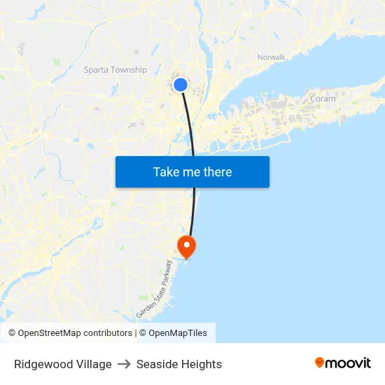 Ridgewood Village to Seaside Heights map