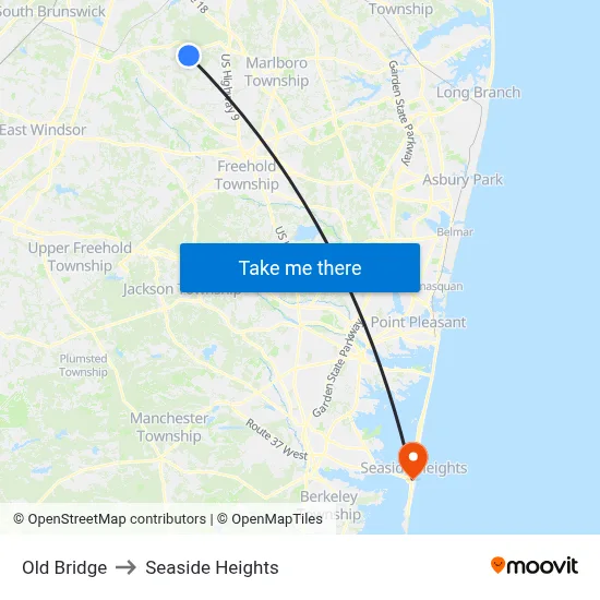 Old Bridge to Seaside Heights map