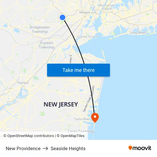 New Providence to Seaside Heights map