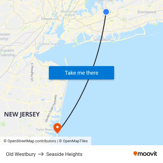 Old Westbury to Seaside Heights map