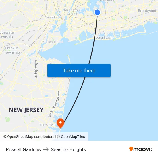 Russell Gardens to Seaside Heights map
